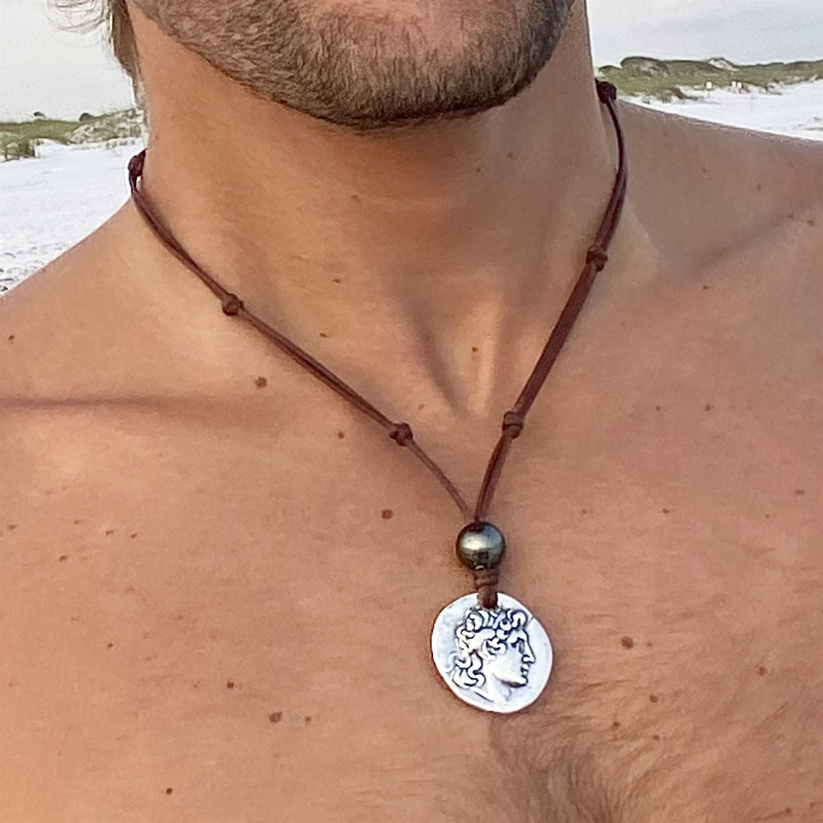 Wendy Mignot Alexander The Great and Athena Spinner Barbados Silver Coin Replica with Tahitian Pearl Necklace