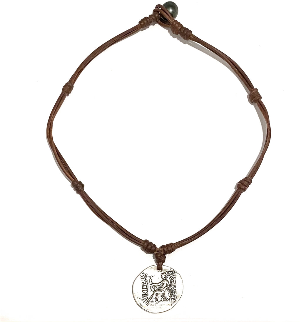 Wendy Mignot Alexander The Great and Athena Spinner Jean Noel Silver Coin Replica with Tahitian Pearl and Leather Necklace