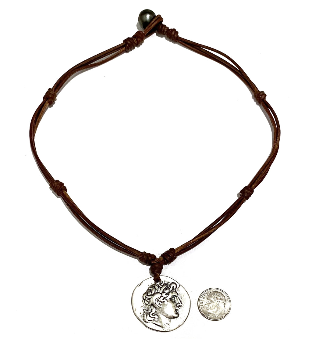 Wendy Mignot Alexander The Great and Athena Spinner Jean Noel Silver Coin Replica with Tahitian Pearl and Leather Necklace
