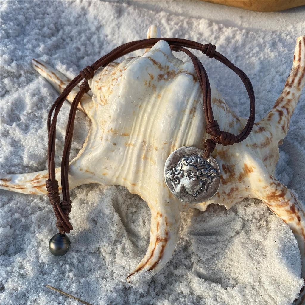 Wendy Mignot Alexander The Great and Athena Spinner Jean Noel Silver Coin Replica with Tahitian Pearl and Leather Necklace