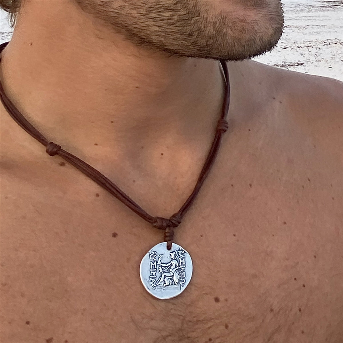 Wendy Mignot Alexander The Great and Athena Spinner Jean Noel Silver Coin Replica with Tahitian Pearl and Leather Necklace