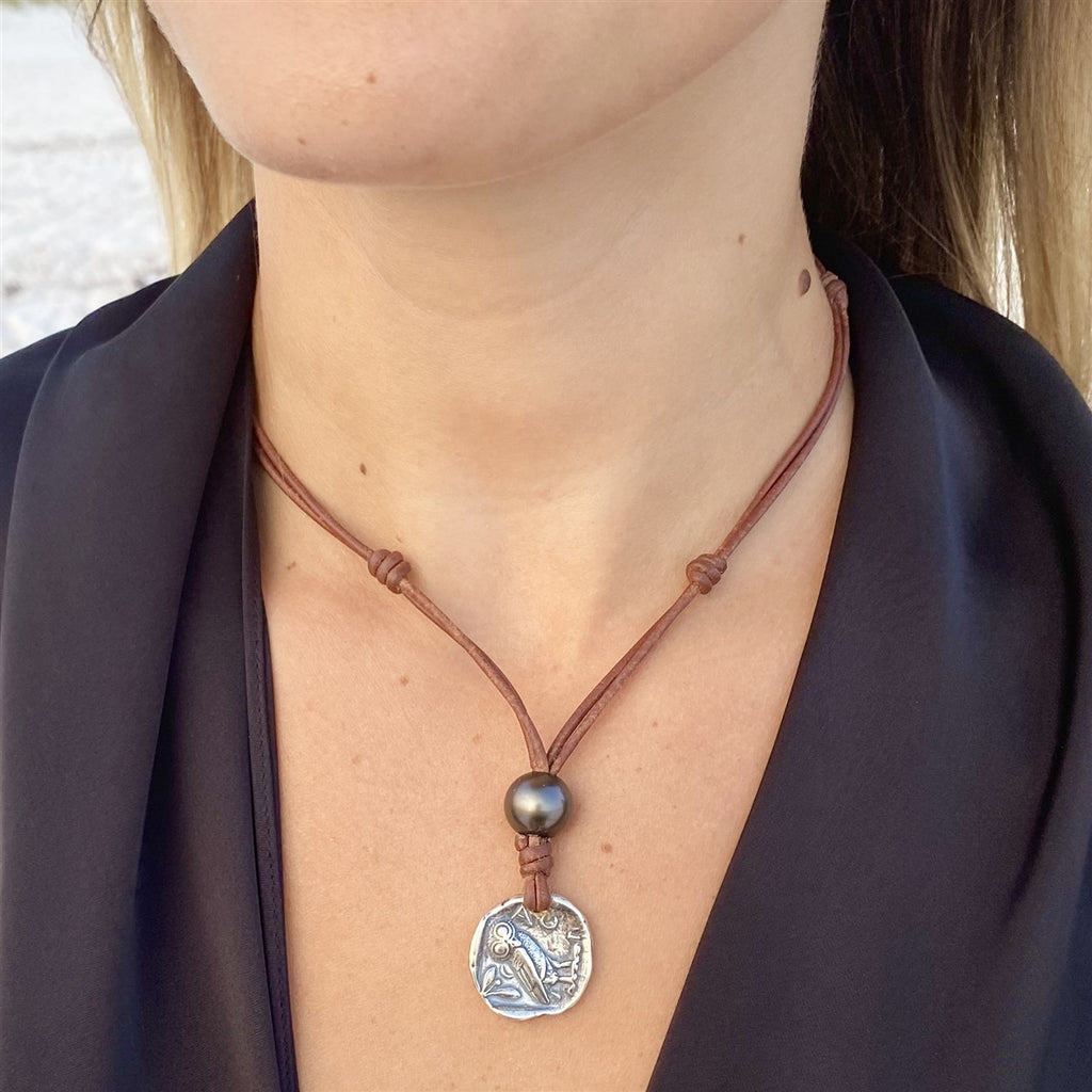 Wendy Mignot Ancient Greek Athena and Owl Coin Replica with Tahitian Pearl Necklace