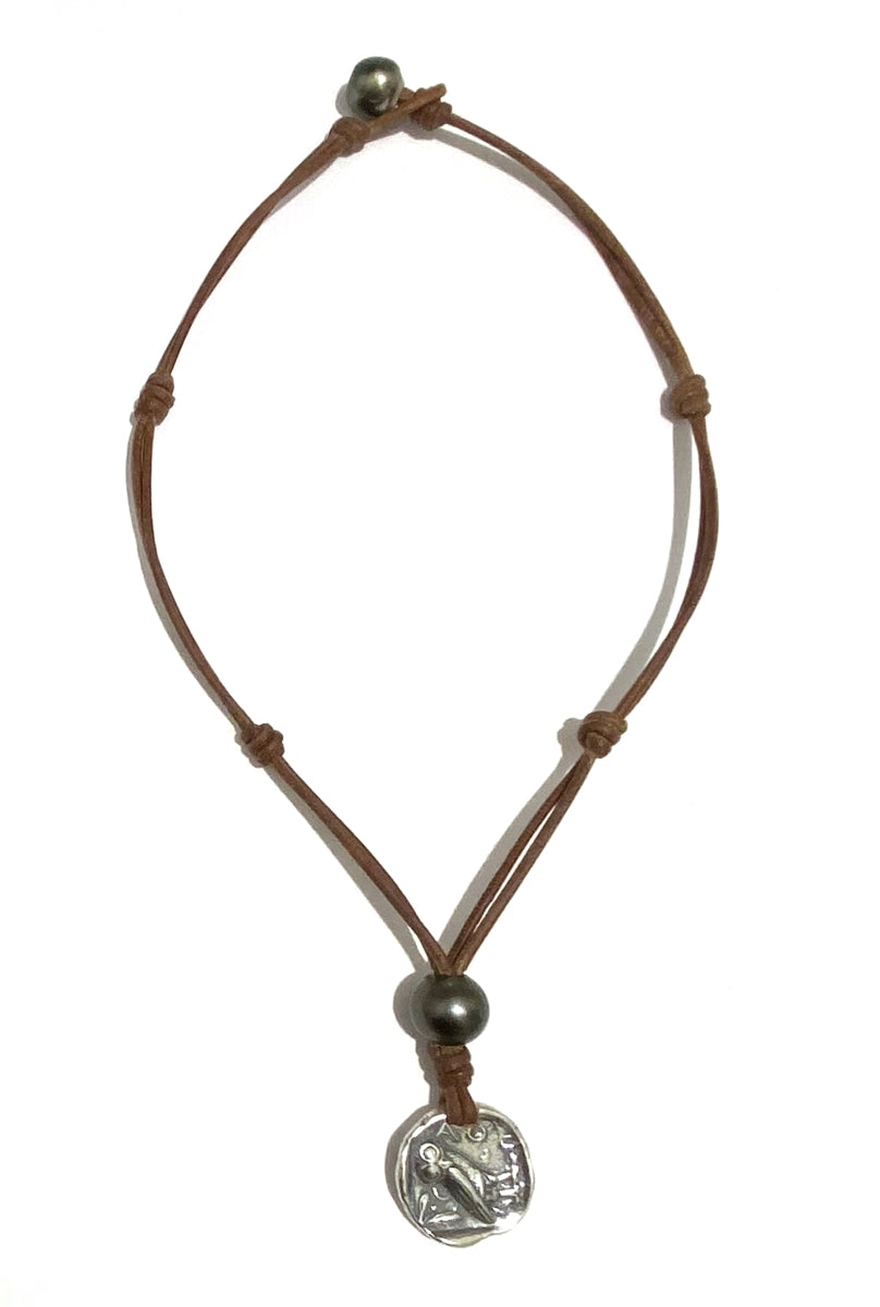 Wendy Mignot Ancient Greek Athena and Owl Coin Replica with Tahitian Pearl Necklace
