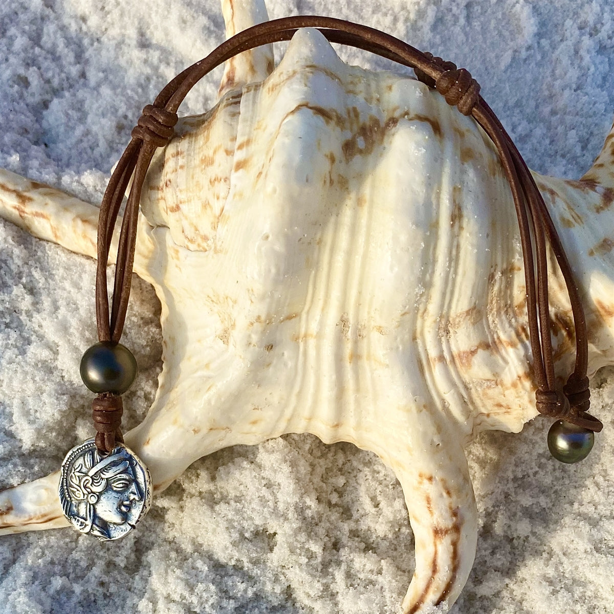 Wendy Mignot Ancient Greek Athena and Owl Coin Replica with Tahitian Pearl Necklace