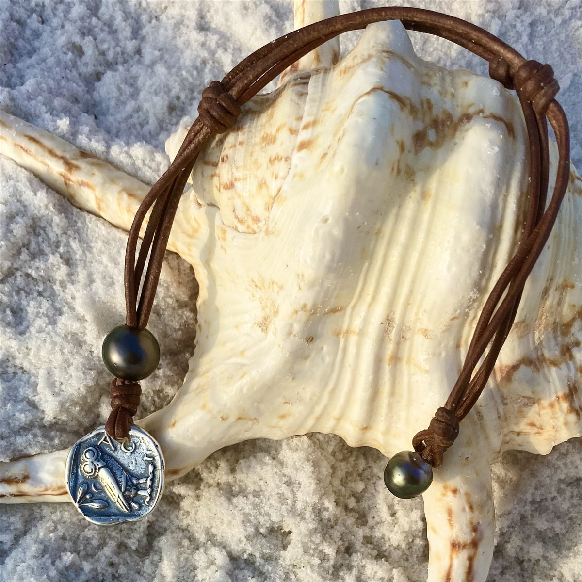 Wendy Mignot Ancient Greek Athena and Owl Coin Replica with Tahitian Pearl Necklace