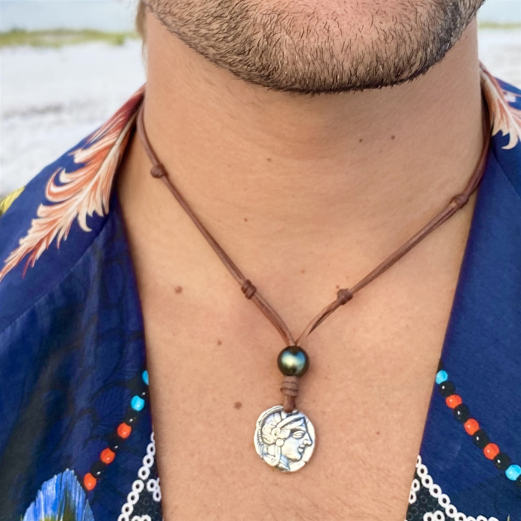 Wendy Mignot Ancient Greek Athena and Owl Coin Replica with Tahitian Pearl Necklace