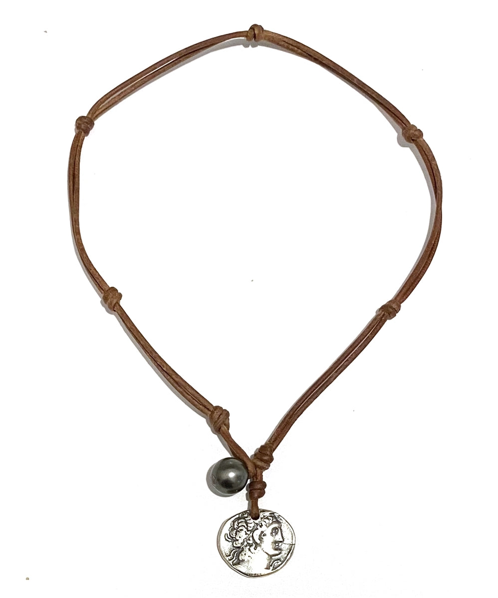 photo of Wendy Mignot Ancient Egyptian Ashkelon Silver Coin Replica with Tahitian Pearls and Leather Necklace
