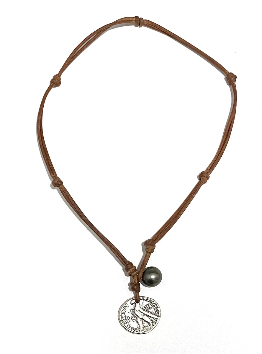Wendy Mignot Ancient Egyptian Ashkelon Silver Coin Replica with Tahitian Pearls and Leather Necklace