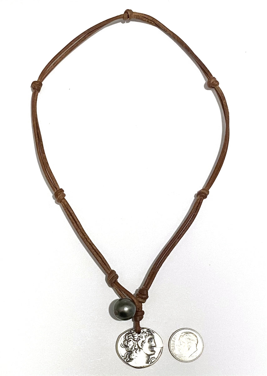 Wendy Mignot Ancient Egyptian Ashkelon Silver Coin Replica with Tahitian Pearls and Leather Necklace