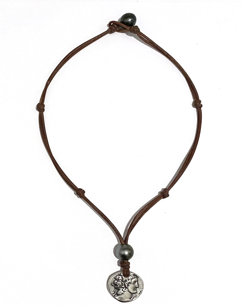 Ancient Egyptian Ashkelon Silver Coin with Tahitian Pearls and Leather Necklace
