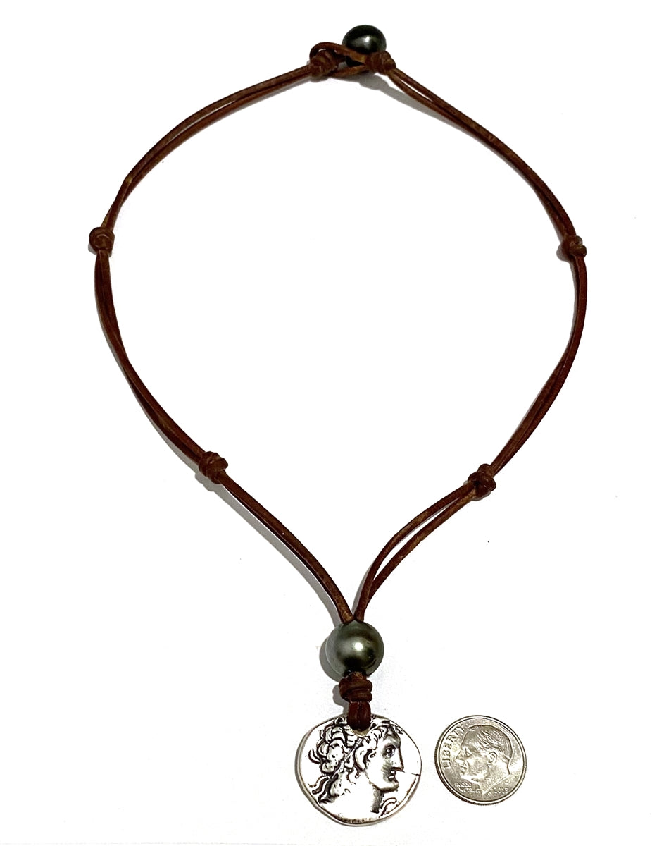 Wendy Mignot Ancient Egyptian Ashkelon Silver Coin Replica with Tahitian Pearls and Leather Necklace