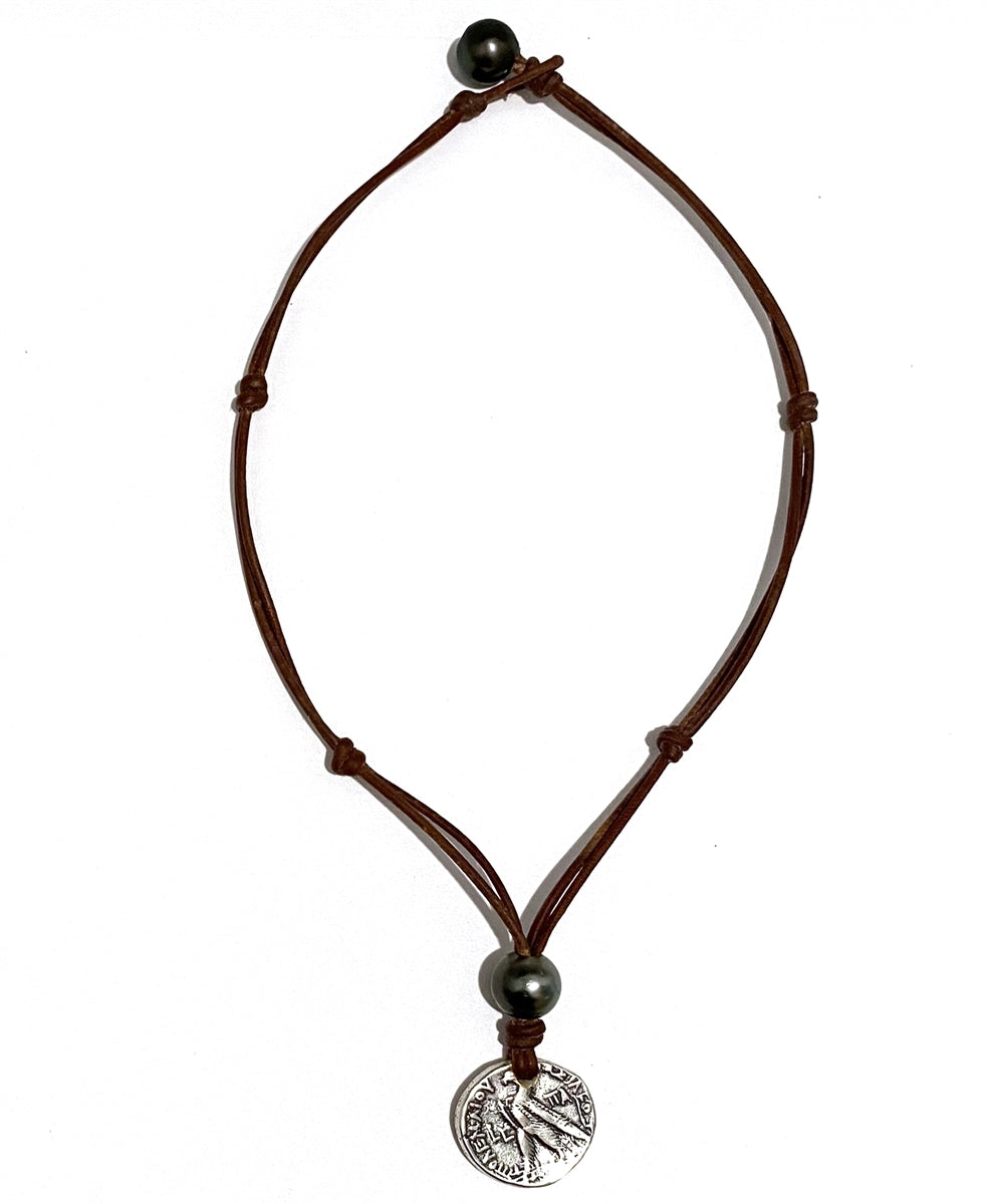 Wendy Mignot Ancient Egyptian Ashkelon Silver Coin Replica with Tahitian Pearls and Leather Necklace