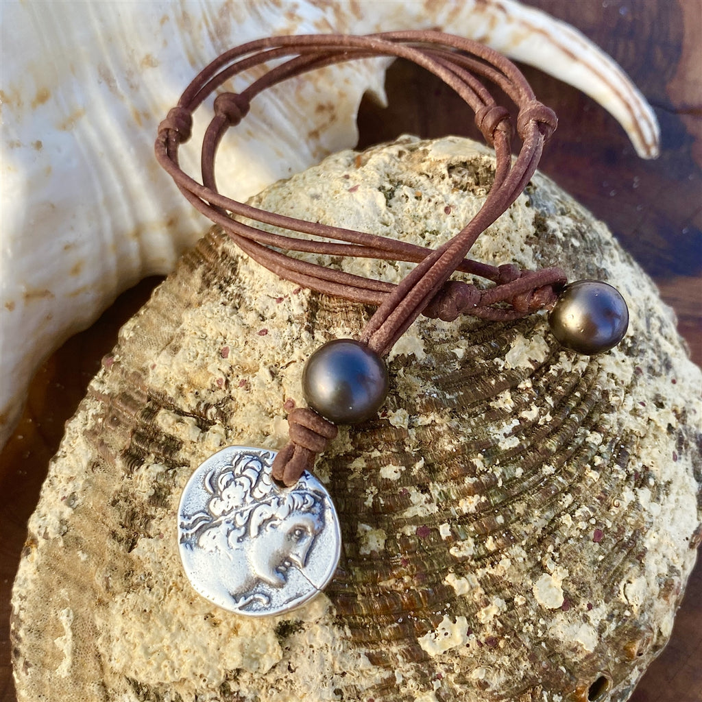 Wendy Mignot Ancient Egyptian Ashkelon Silver Coin Replica with Tahitian Pearls and Leather Necklace
