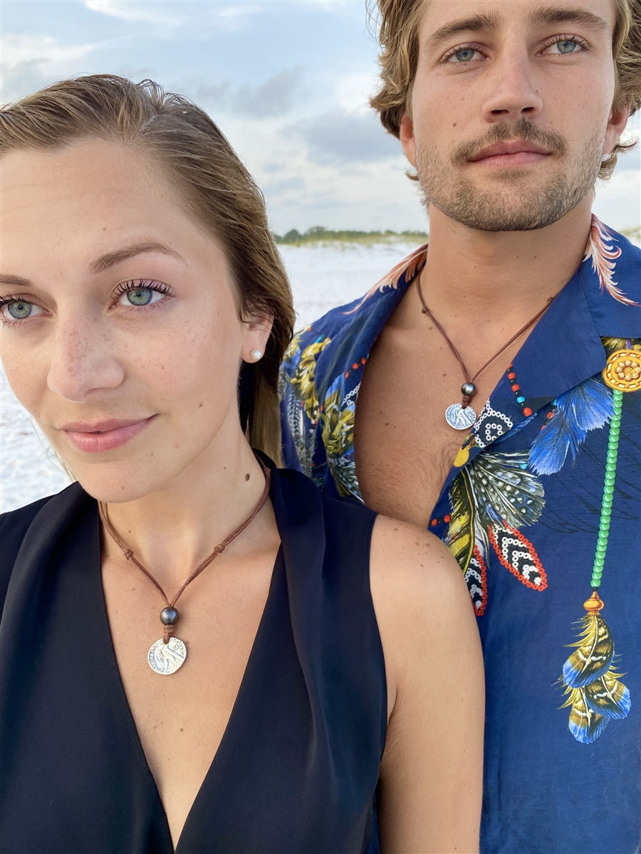 Wendy Mignot Ancient Egyptian Ashkelon Silver Coin Replica with Tahitian Pearls and Leather Necklace