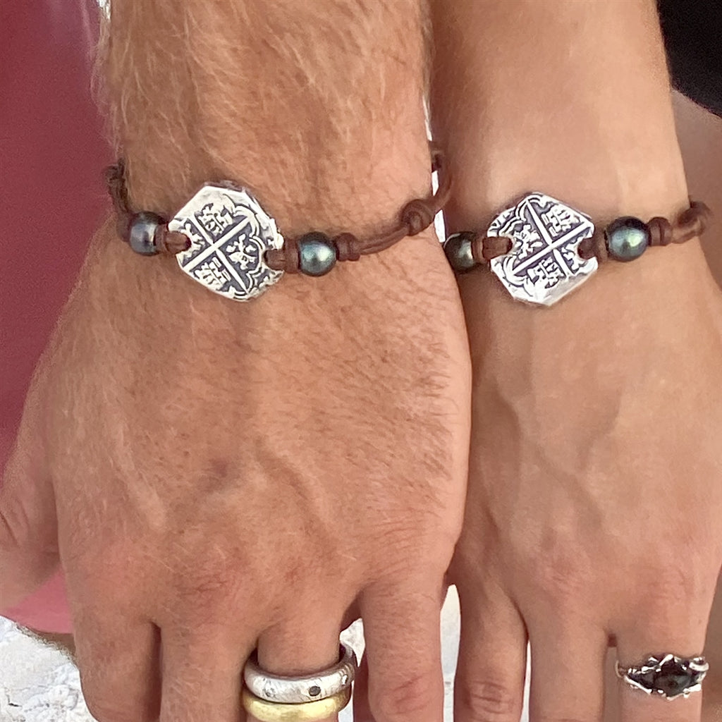 Wendy Mignot King Phillip II Spanish Treasure Coin Replica withTahitian Pearl and Leather Bracelet