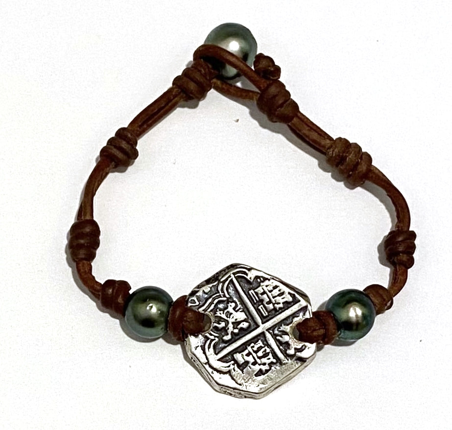 King Phillip II Spanish Treasure Coin and Tahitian Pearl and Leather Bracelet  by Wendy Mignot