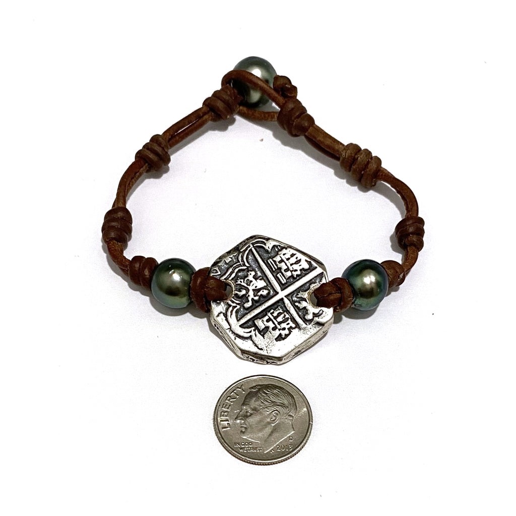 Wendy Mignot King Phillip II Spanish Treasure Coin Replica withTahitian Pearl and Leather Bracelet