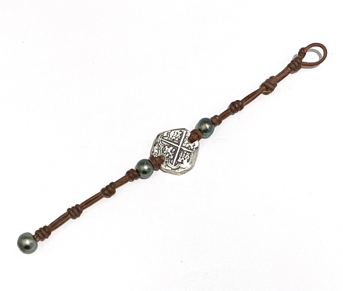 Wendy Mignot King Phillip II Spanish Treasure Coin Replica withTahitian Pearl and Leather Bracelet