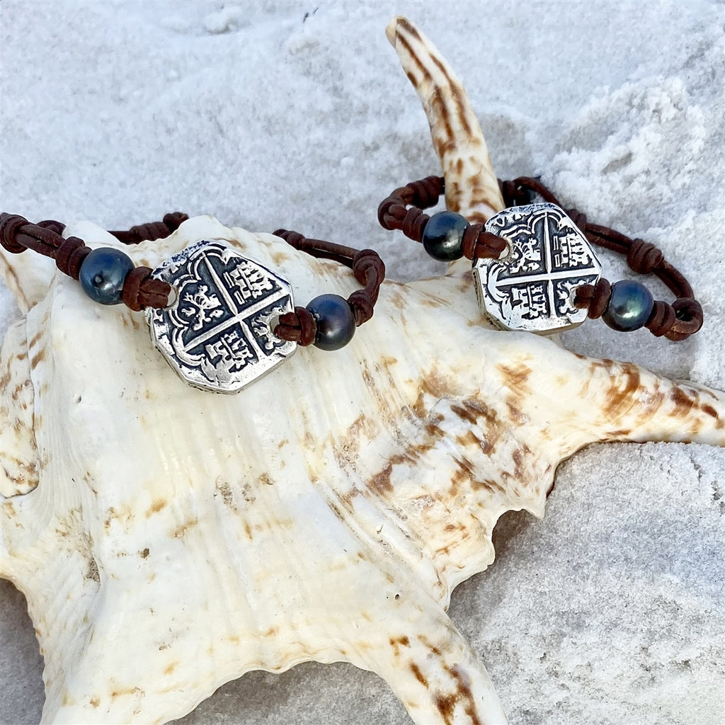 Wendy Mignot King Phillip II Spanish Treasure Coin Replica withTahitian Pearl and Leather Bracelet