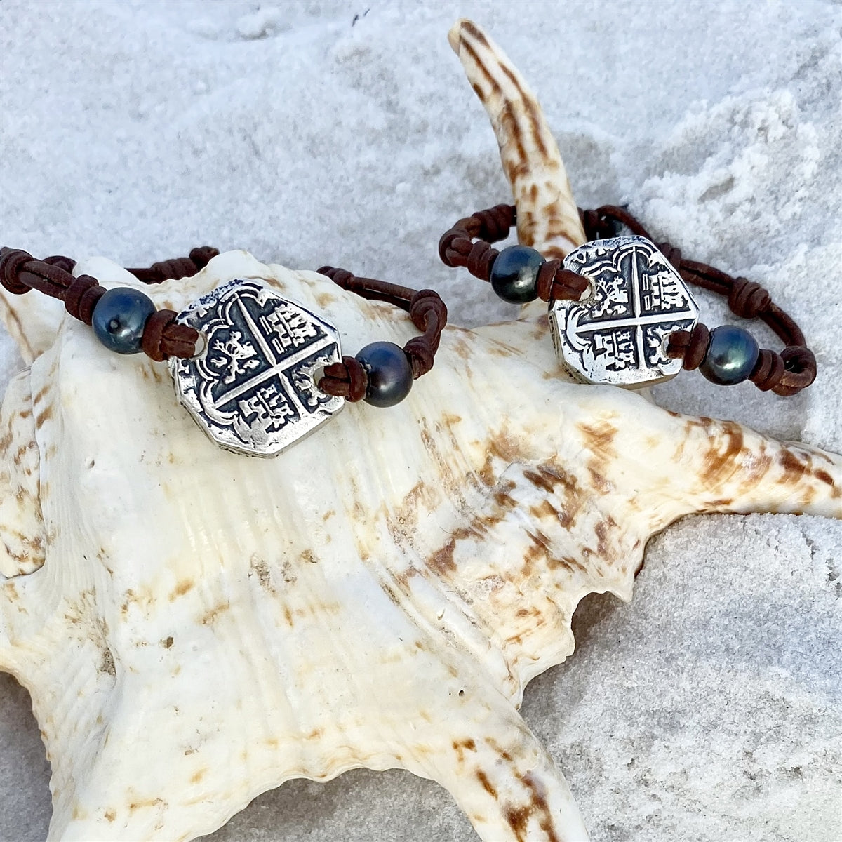 Wendy Mignot King Phillip II Spanish Treasure Coin Replica withTahitian Pearl and Leather Bracelet