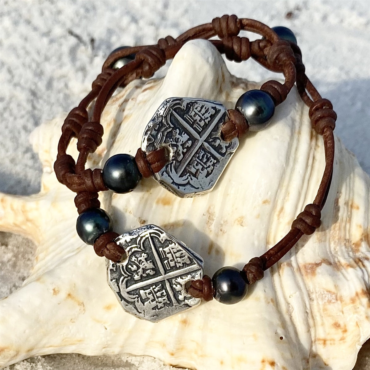 Wendy Mignot King Phillip II Spanish Treasure Coin Replica withTahitian Pearl and Leather Bracelet