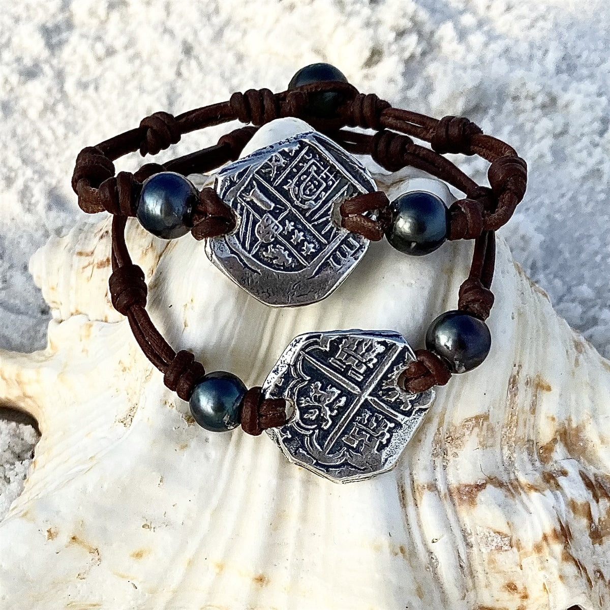 Wendy Mignot King Phillip II Spanish Treasure Coin Replica withTahitian Pearl and Leather Bracelet