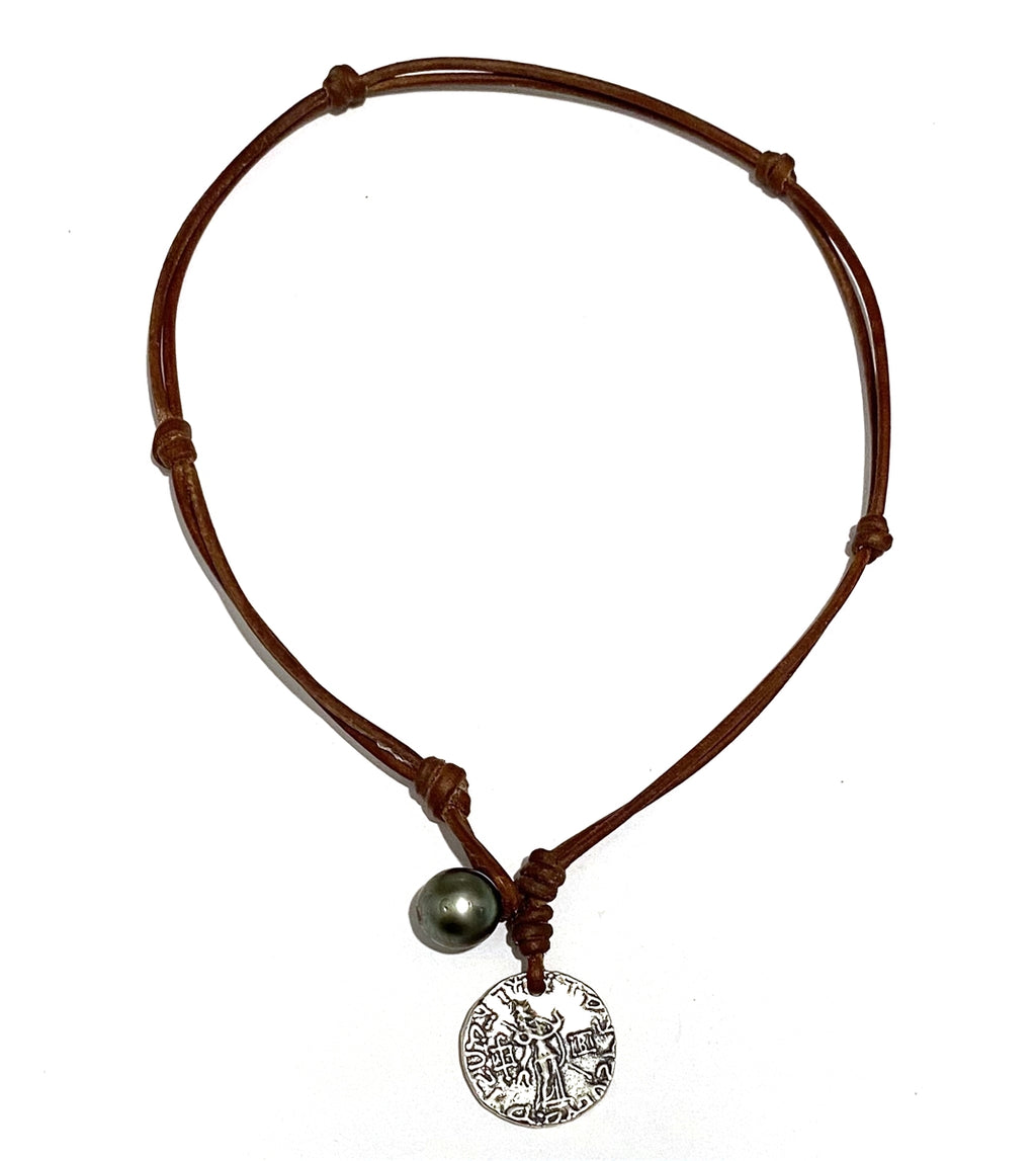 Wendy Mignot Ancient Greek King Azes I of Bactria Coin Replica with Tahitian Pearl and Leather Necklace
