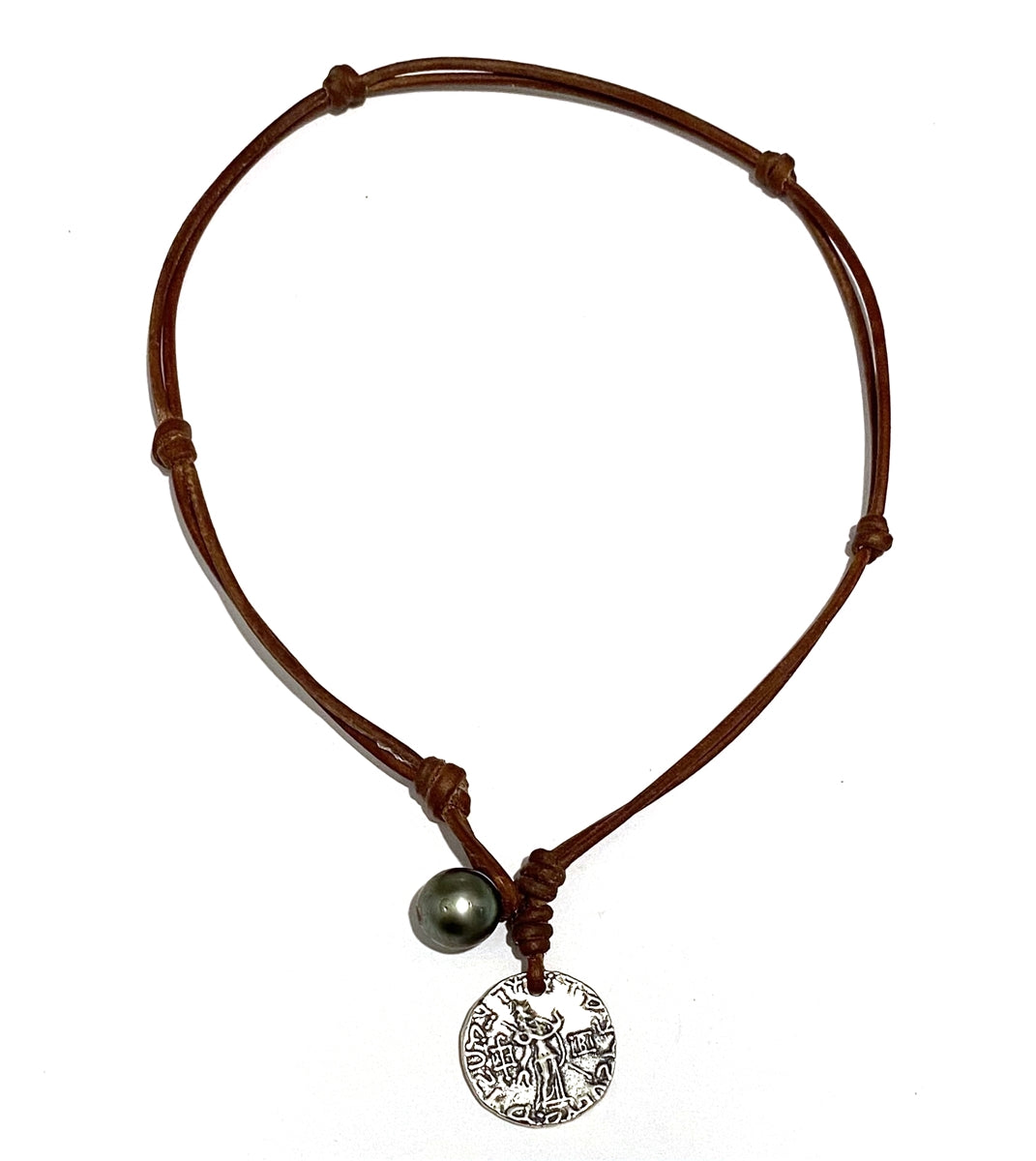 Wendy Mignot Ancient Greek King Azes I of Bactria Coin Replica with Tahitian Pearl and Leather Necklace