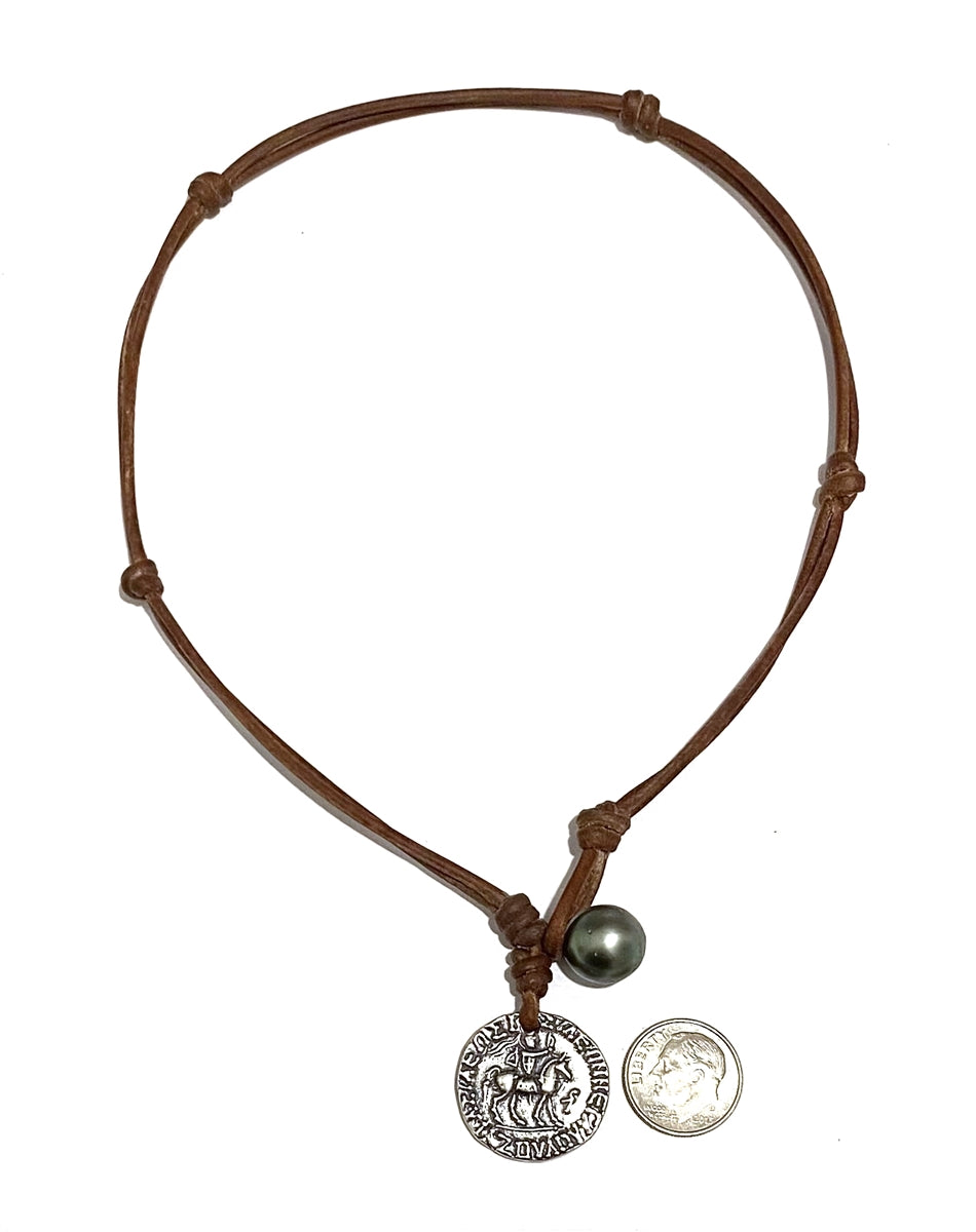 Wendy Mignot Ancient Greek King Azes I of Bactria Coin Replica with Tahitian Pearl and Leather Necklace