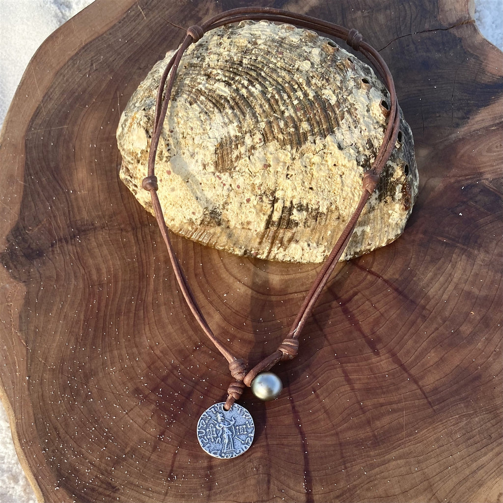 Wendy Mignot Ancient Greek King Azes I of Bactria Coin Replica with Tahitian Pearl and Leather Necklace