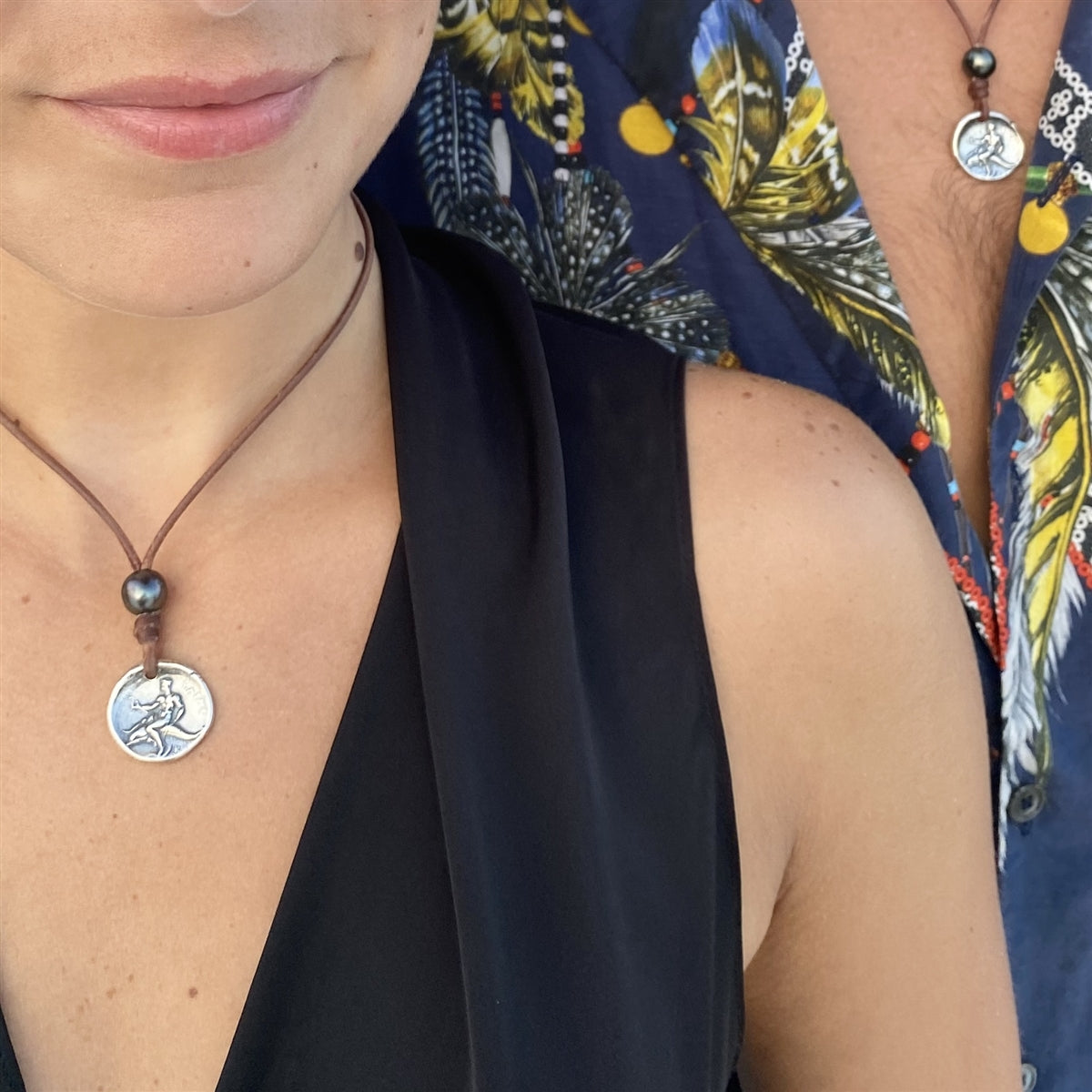 Wendy Mignot Ancient Greek Boy on Dolphin Coin Replica with Tahitian Pearl and Leather Necklace