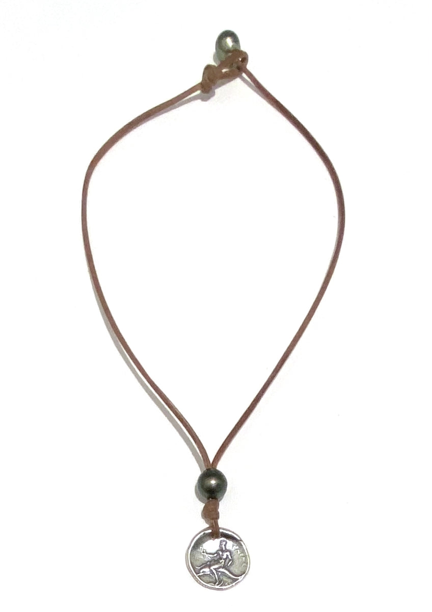 Ancient Greek Boy on Dolphin  Coin with Tahitian Pearl and Leather Necklace by Wendy Mignot