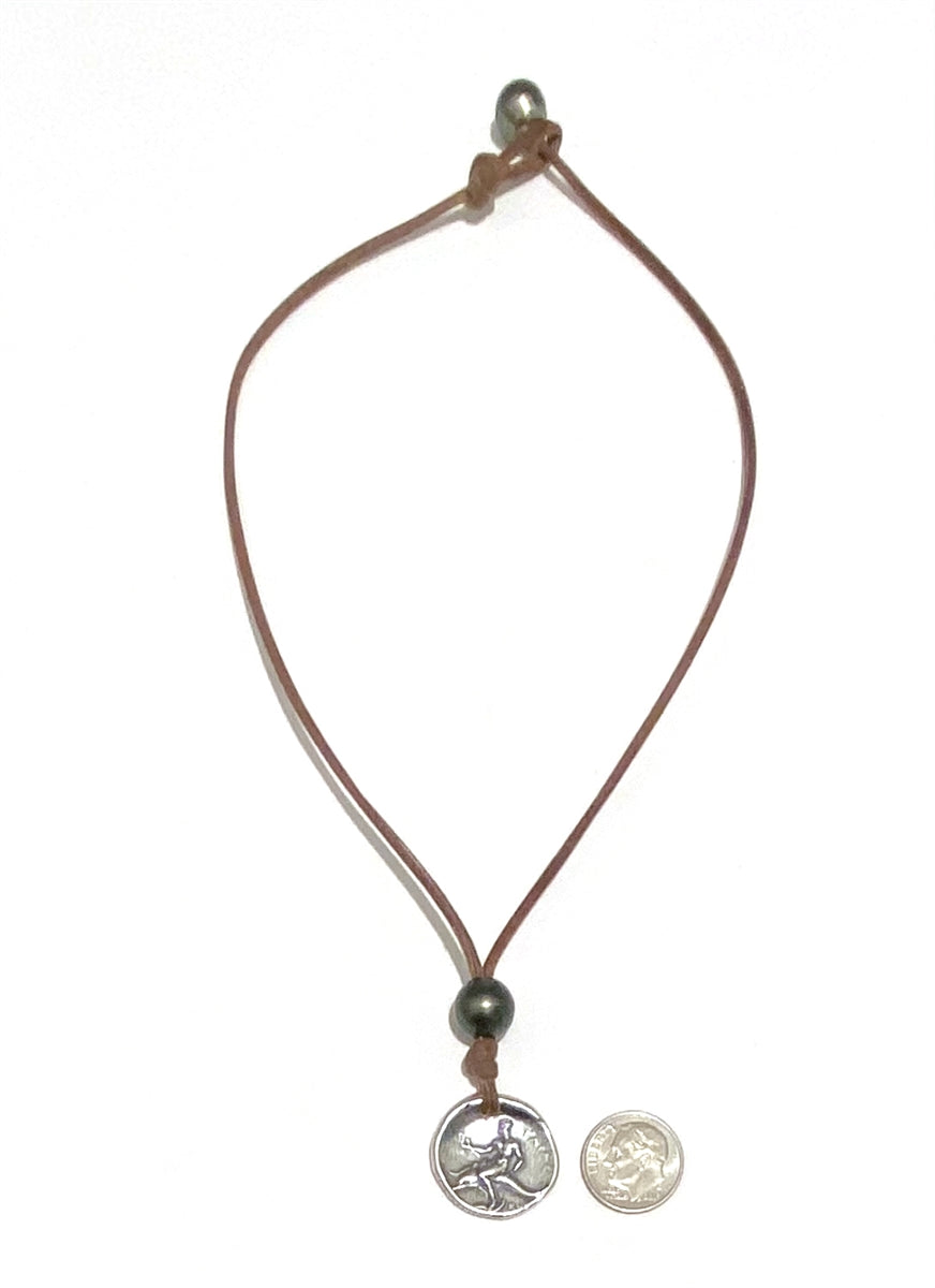 Wendy Mignot Ancient Greek Boy on Dolphin Coin Replica with Tahitian Pearl and Leather Necklace