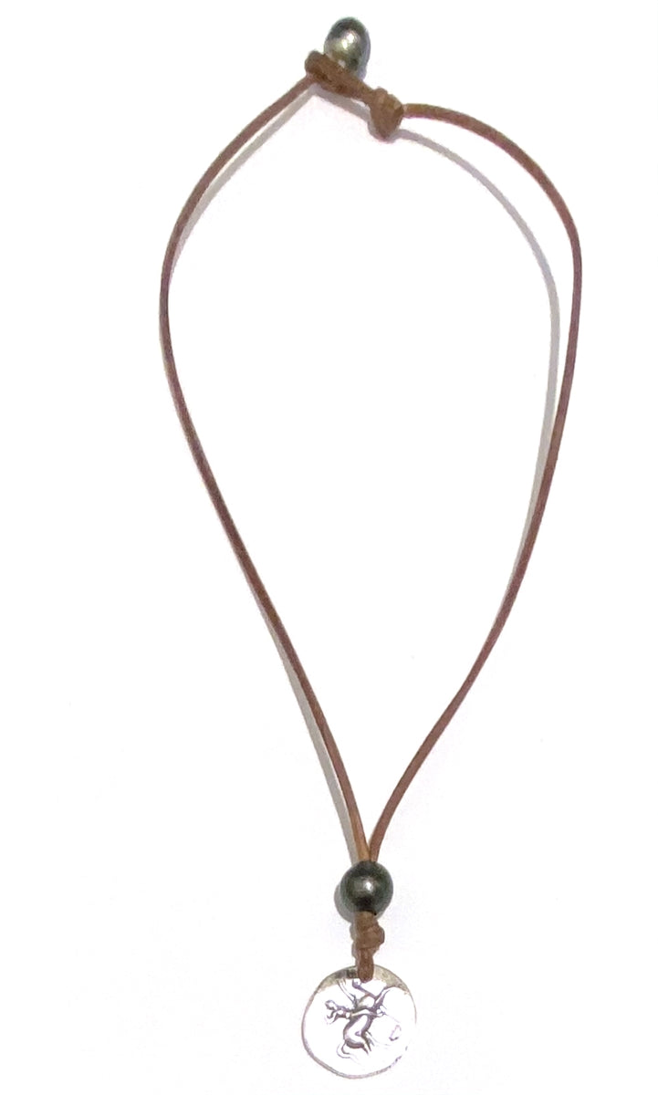 Wendy Mignot Ancient Greek Boy on Dolphin Coin Replica with Tahitian Pearl and Leather Necklace