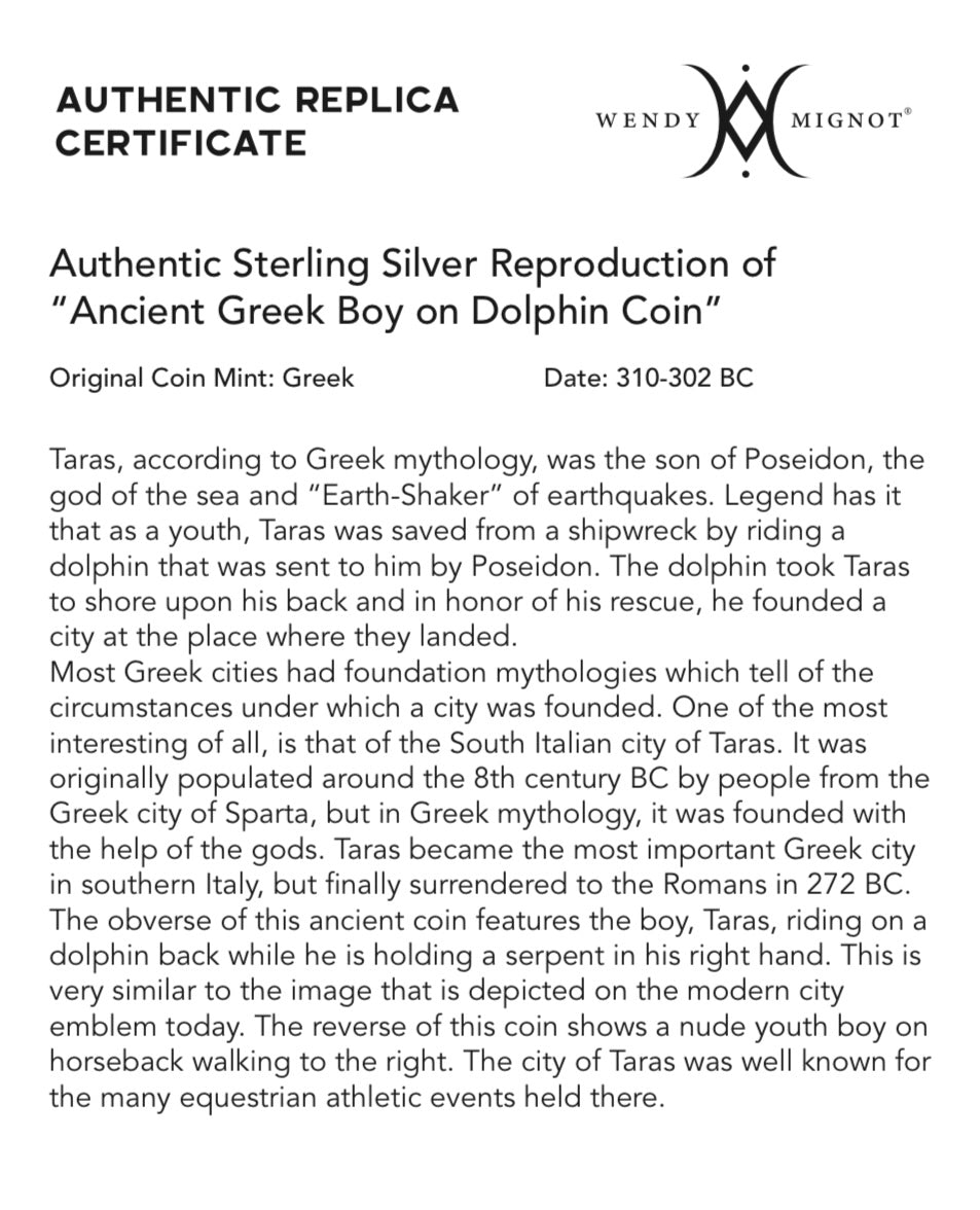 Wendy Mignot Ancient Greek Boy on Dolphin Coin Replica with Tahitian Pearl and Leather Necklace