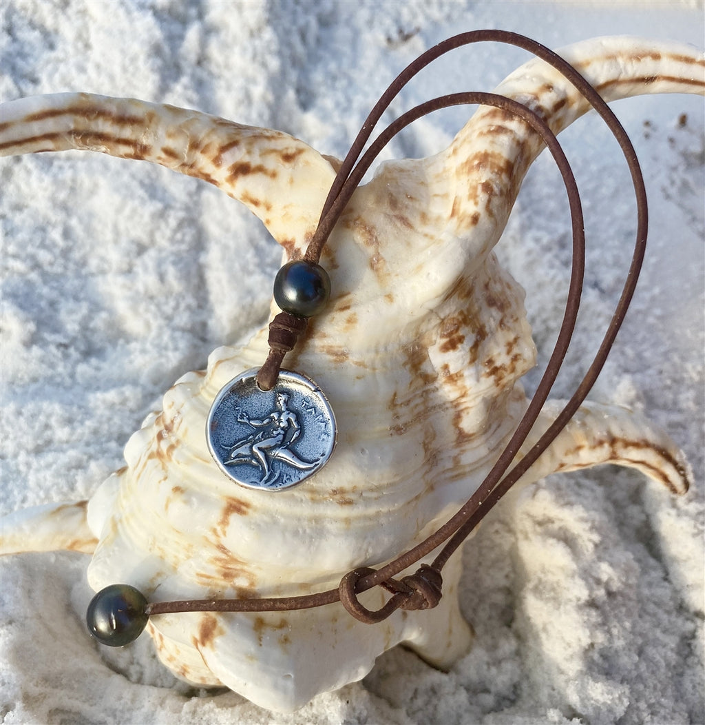 Wendy Mignot Ancient Greek Boy on Dolphin Coin Replica with Tahitian Pearl and Leather Necklace