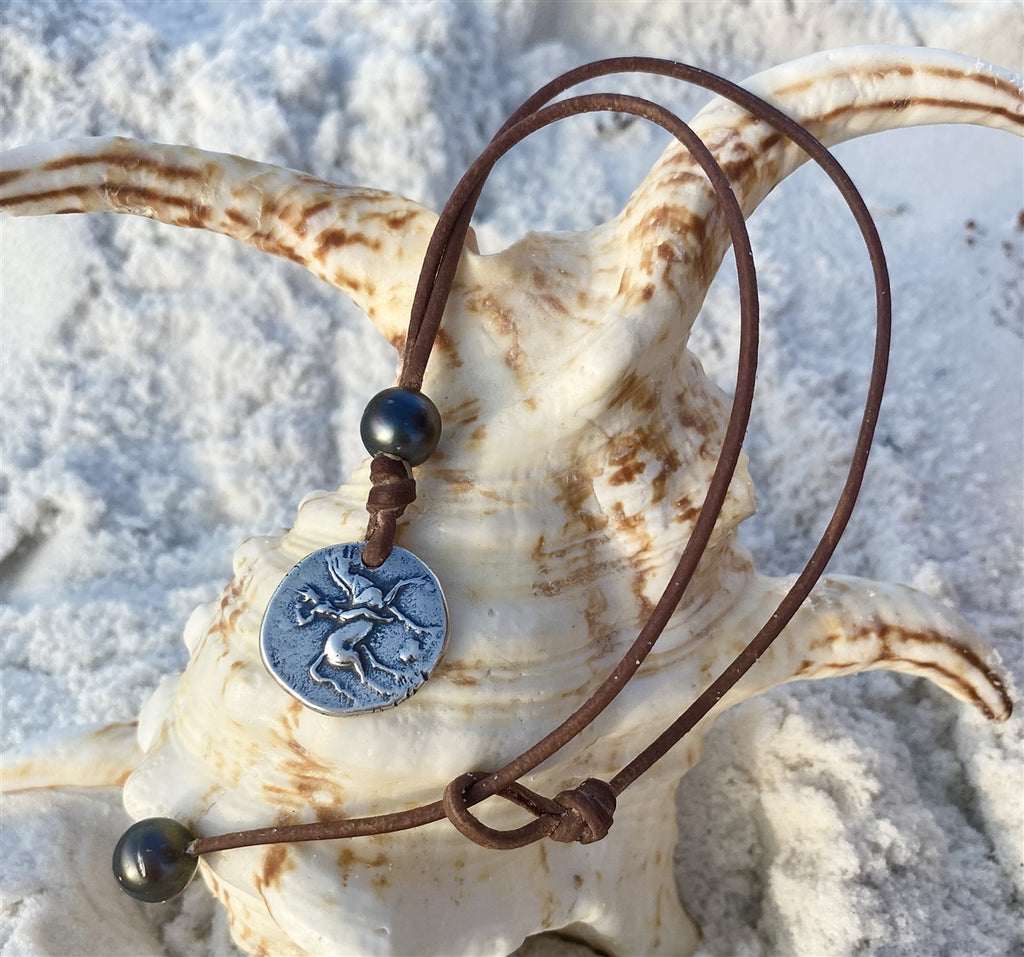 Wendy Mignot Ancient Greek Boy on Dolphin Coin Replica with Tahitian Pearl and Leather Necklace