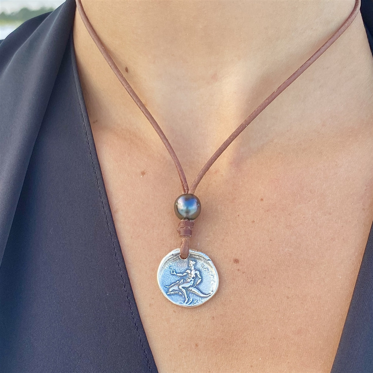 Wendy Mignot Ancient Greek Boy on Dolphin Coin Replica with Tahitian Pearl and Leather Necklace