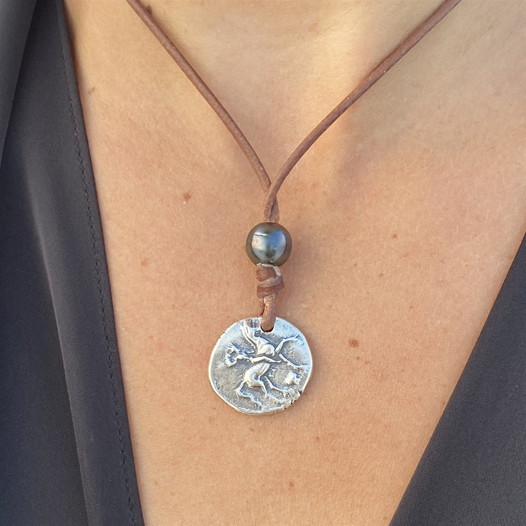 Wendy Mignot Ancient Greek Boy on Dolphin Coin Replica with Tahitian Pearl and Leather Necklace