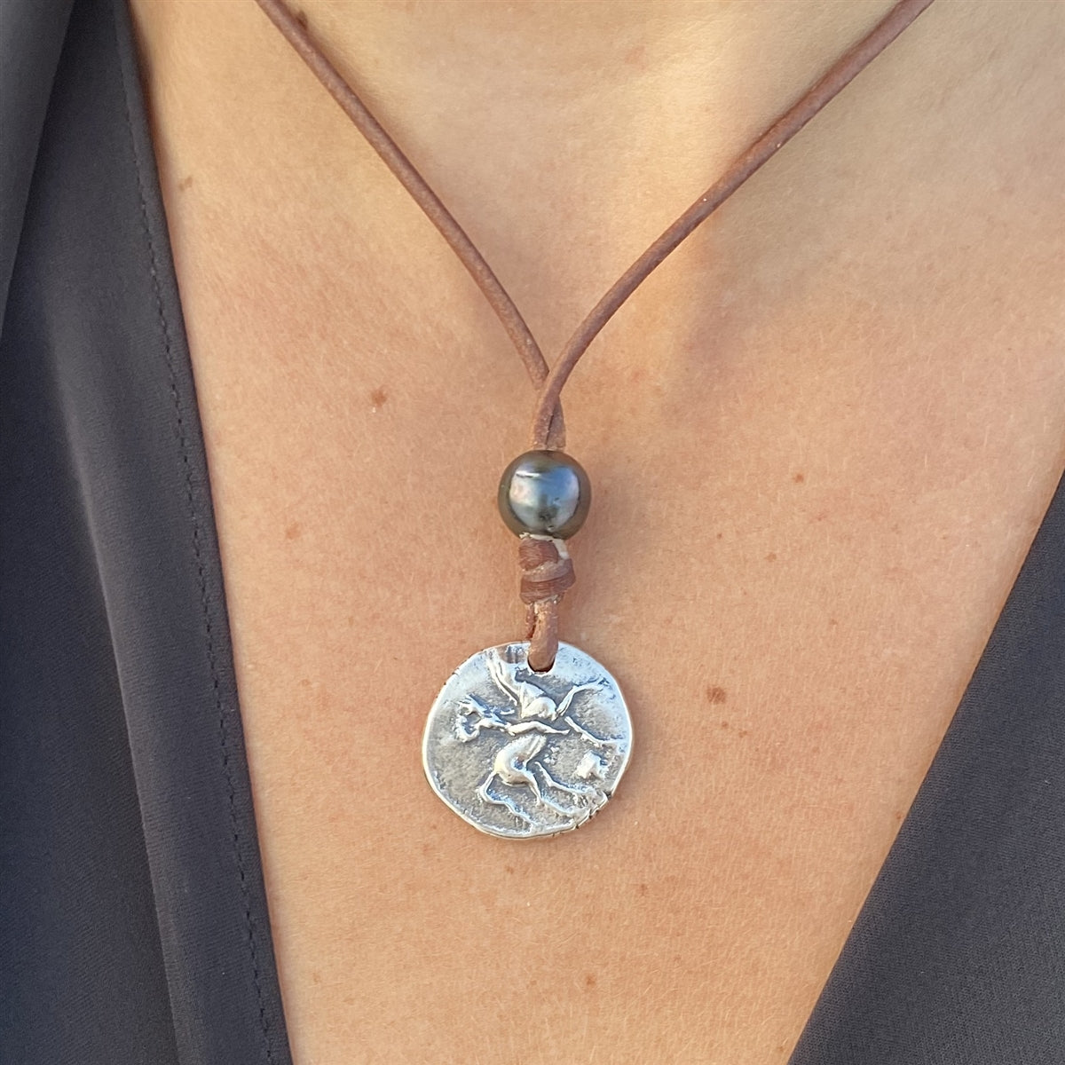 Wendy Mignot Ancient Greek Boy on Dolphin Coin Replica with Tahitian Pearl and Leather Necklace