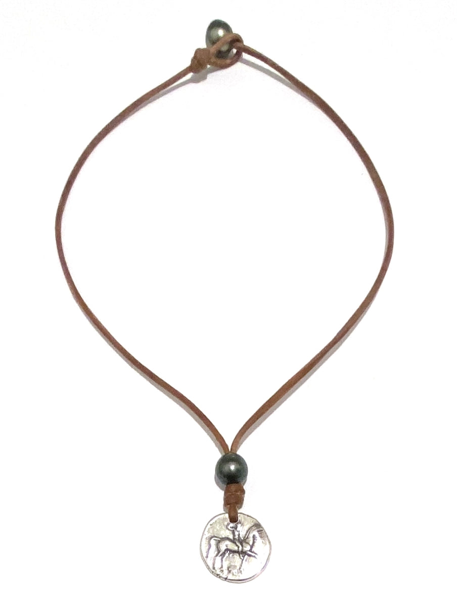 Ancient Greek Boy on Dolphin  Coin with Tahitian Pearl and Leather Necklace by Wendy Mignot