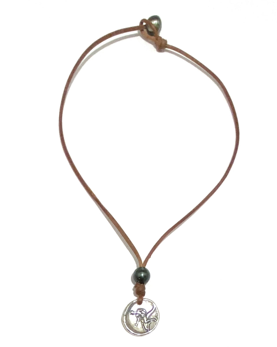 Wendy Mignot Ancient Greek Boy on Dolphin Coin Replica with Tahitian Pearl and Leather Necklace