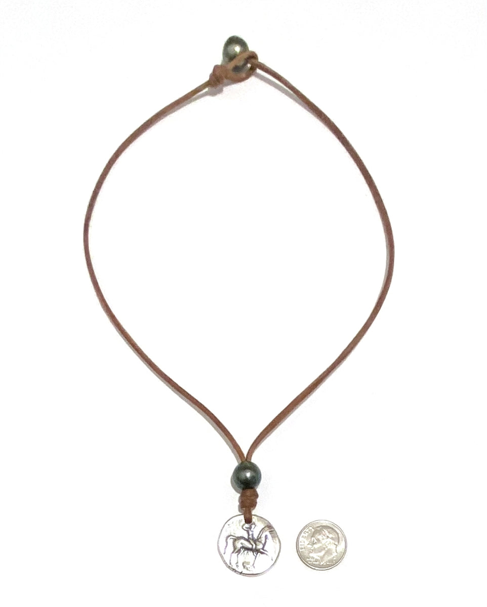Wendy Mignot Ancient Greek Boy on Dolphin Coin Replica with Tahitian Pearl and Leather Necklace