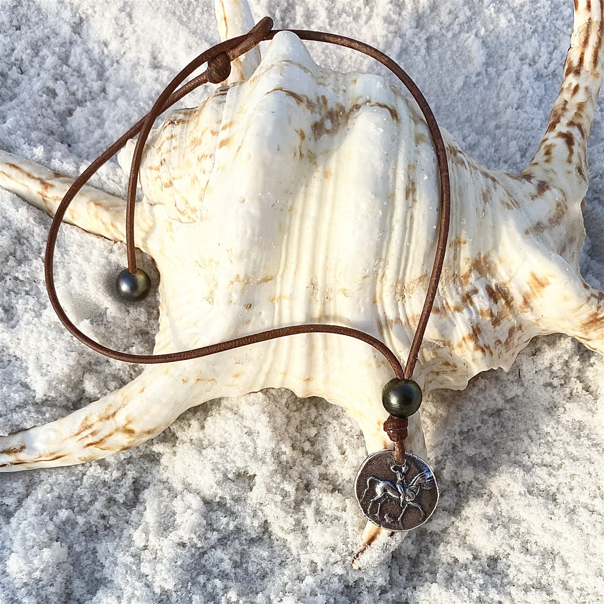 Wendy Mignot Ancient Greek Boy on Dolphin Coin Replica with Tahitian Pearl and Leather Necklace