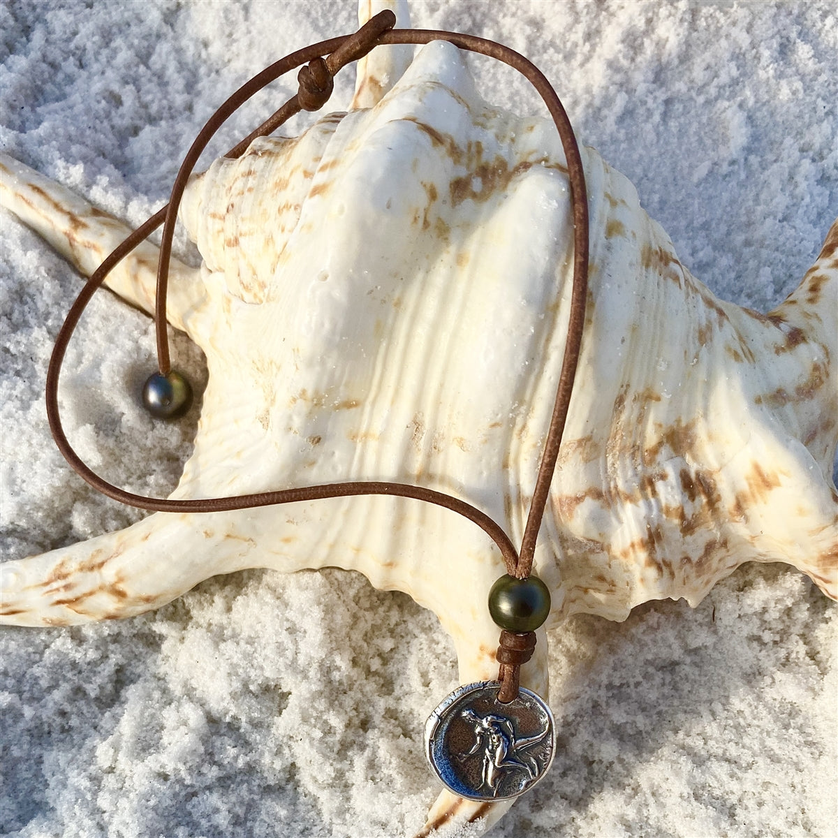 Wendy Mignot Ancient Greek Boy on Dolphin Coin Replica with Tahitian Pearl and Leather Necklace