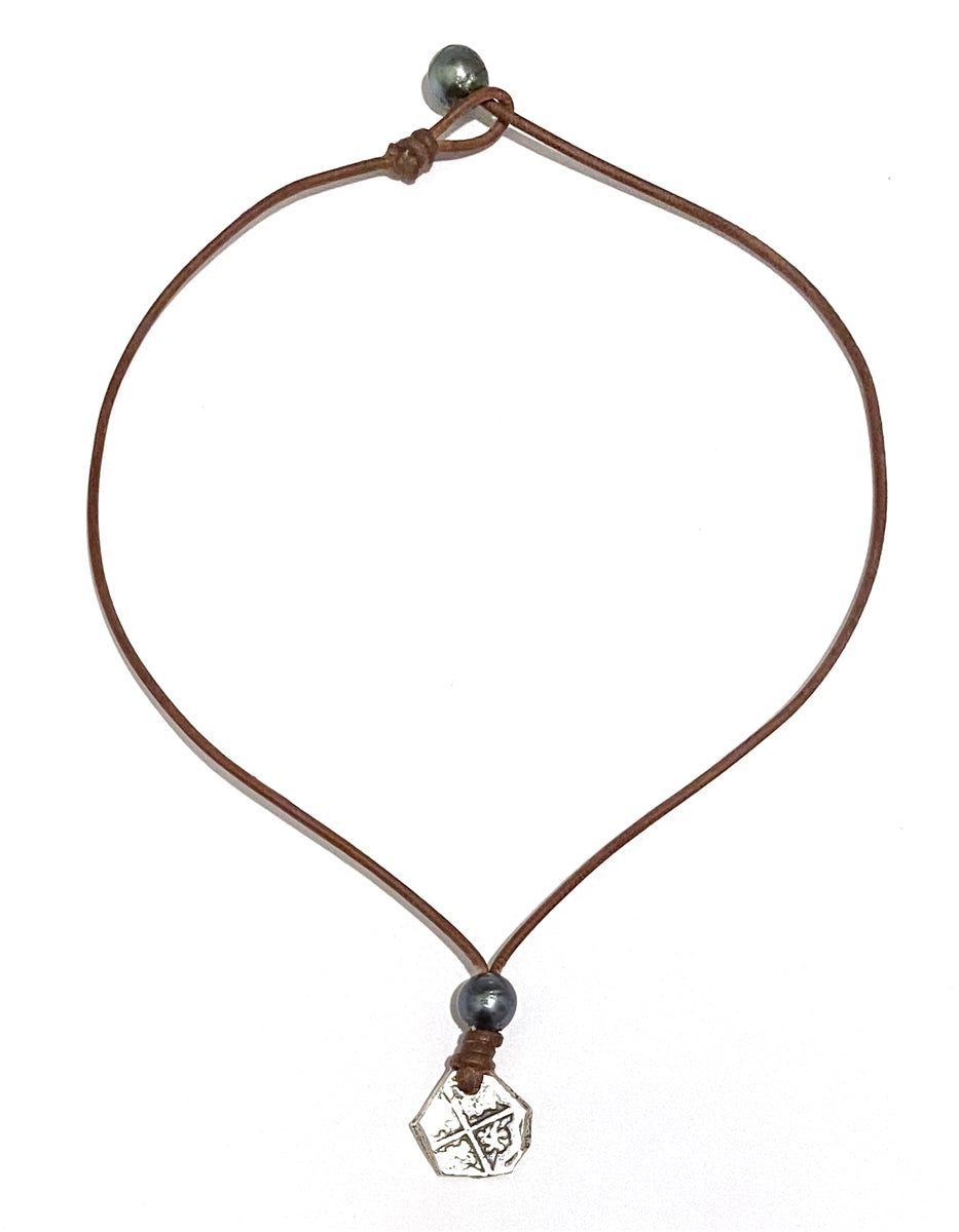 King Phillip II Spanish Treasure Coin and Tahitian Pearl and Leather Necklace by Wendy Mignot