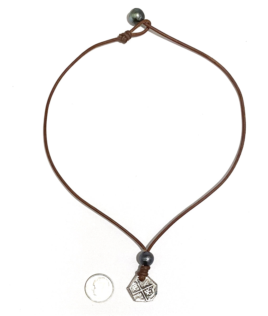 Wendy Mignot King Phillip II Spanish Treasure Coin Replica with Tahitian Pearl and Leather Necklace
