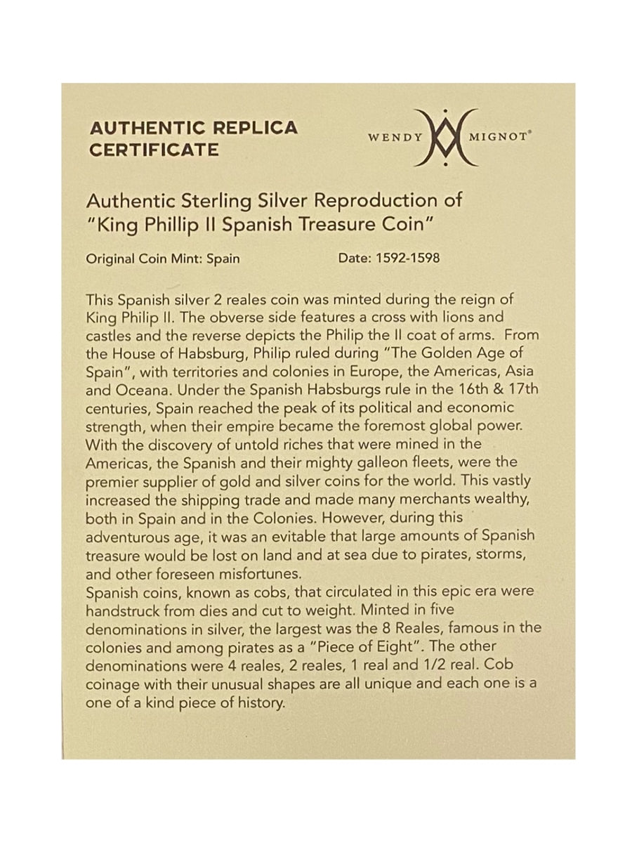 Wendy Mignot King Phillip II Spanish Treasure Coin Replica with Tahitian Pearl and Leather Necklace