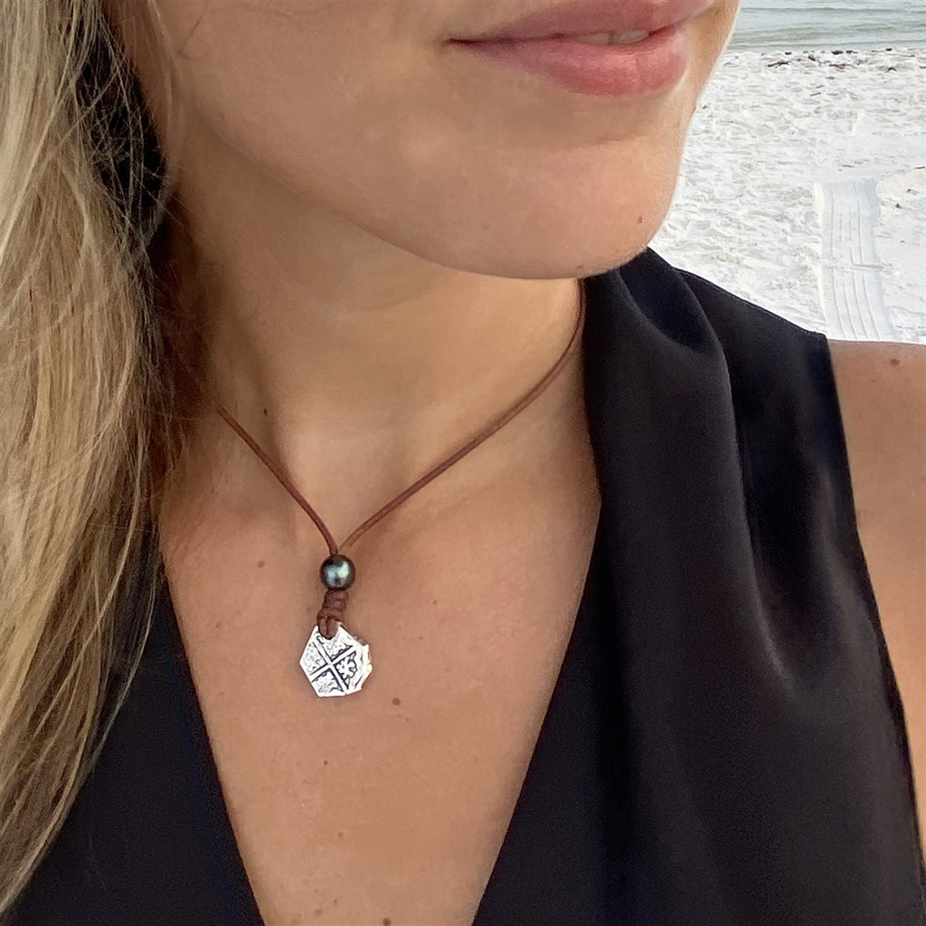 Wendy Mignot King Phillip II Spanish Treasure Coin Replica with Tahitian Pearl and Leather Necklace