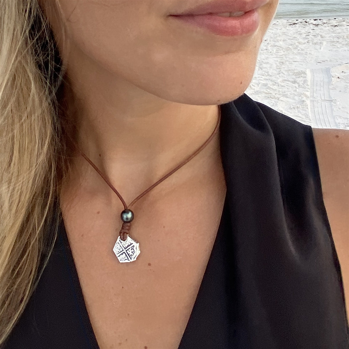 Wendy Mignot King Phillip II Spanish Treasure Coin Replica with Tahitian Pearl and Leather Necklace